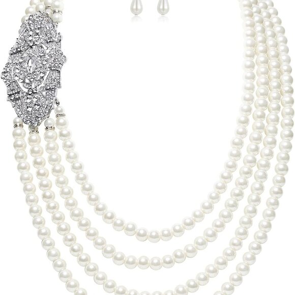 Jewelry - Vintage Pearl Necklace Earrings Jewelry Set Faux Multi-Layer Bridal Accessory